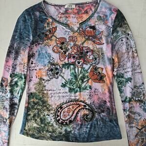 Cache Bedazzled Shirt Size Medium Floral Embroidered Notch Collar Y2K Boho LS